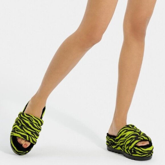 NEW UGG Maxi Tiger Print Camo Slide Slip On  Lamb Fur In Key Lime - Picture 4 of 11